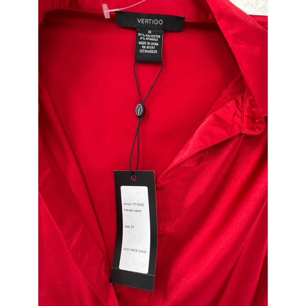 NEW Vertigo Paris Garnet Red Satin Ruched Button Up Blouse VT30285 Womens Medium - Picture 3 of 12